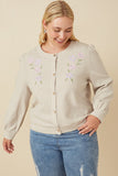 HY7517W Taupe Plus Floral Embroidered Textured Knit Cardigan Front