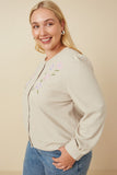 HY7517W Taupe Plus Floral Embroidered Textured Knit Cardigan Side