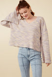 HY7523 Lavender Womens Textured V Neck Drop Shoulder Marled Knit Top Pose