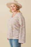 HY7523W Lavender Plus Textured V Neck Drop Shoulder Marled Knit Top Side