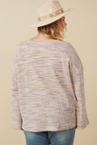 HY7523W Lavender Plus Textured V Neck Drop Shoulder Marled Knit Top Back