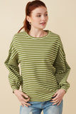 HY7528 Sage Womens Waffle Textured Striped Drop Shoulder T Shirt Front