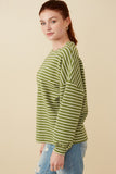 HY7528 Sage Womens Waffle Textured Striped Drop Shoulder T Shirt Side