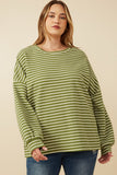 HY7528W Sage Womens Waffle Textured Striped Drop Shoulder T Shirt Front