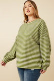 HY7528W Sage Womens Waffle Textured Striped Drop Shoulder T Shirt Side