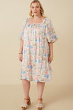 HY7532W Ivory Plus Floral Puff Sleeve Foiled Dress Full Body