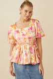 Satin Soft Floral Bubble Hem Foiled Peplum Top