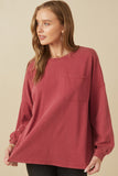 Womens Drop Shoulder Washed Long Sleeve Knit T Shirt Pose