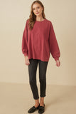 Womens Drop Shoulder Washed Long Sleeve Knit T Shirt Full Body