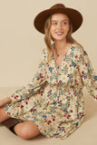 Womens Floral Print Button Up V Neck Smock Detail Dress Pose