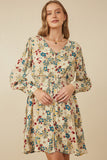 Womens Floral Print Button Up V Neck Smock Detail Dress Side