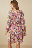 Womens Floral Print Button Up V Neck Smock Detail Dress Back