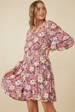 Womens Floral Print Button Up V Neck Smock Detail Dress Side