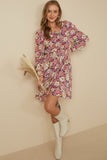 Womens Floral Print Button Up V Neck Smock Detail Dress Pose 2