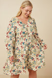 Plus Floral Print Button Up V Neck Smock Detail Dress Front