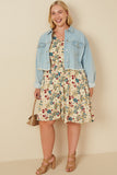 Plus Floral Print Button Up V Neck Smock Detail Dress Full Body