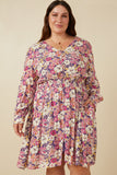 Plus Floral Print Button Up V Neck Smock Detail Dress Front