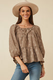 Womens Brushed Floral Detailed Puff Sleeve Square Neck Top