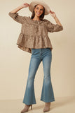 HY7592 Taupe Womens Brushed Floral Detailed Puff Sleeve Square Neck Top Full Body