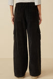 HY7600 Black Womens Washed Corduroy Wide Leg Cargo Pants Back