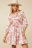 Satin Floral Long Sleeve Belted Flare Skirt Dress