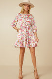 HY7627 Ivory Womens Satin Floral Long Sleeve Belted Flare Skirt Dress Full Body