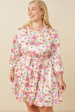 HY7627W Ivory Plus Satin Floral Long Sleeve Belted Flare Skirt Dress Front