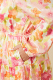 HY7674W Pink Mix Plus Lurex Floral Square Neck Peasant Sleeve Dress Detail