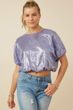 HY7693 Lavender Womens Sequined Short Sleeve Dolman Top Front 2