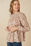 Womens Floral Smocked Yoke Long Sleeve Top Side