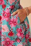 HY7933 Mint Womens Floral Print Smocked Waist Button Dress Detail