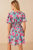 HY7933 Mint Womens Floral Print Smocked Waist Button Dress Back