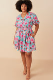 HY7933W Mint Plus Floral Print Smocked Waist Button Dress Full Body