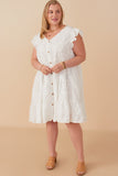 HY7990 Off White Womens Textured Floral Button Tiered Dress Full Body