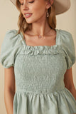 HY8149 MINT Womens Ruffle Detail Smocked Floral Embroidered Top Detail