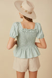 HY8149 MINT Womens Ruffle Detail Smocked Floral Embroidered Top Back