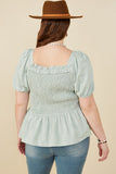 HY8149W MINT Womens Ruffle Detail Smocked Floral Embroidered Top Back