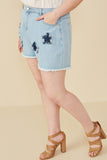 HY8313W Light Denim Womens Distressed Star Patch Frayed Denim Shorts Side