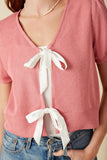 HY8419 Pink Womens Ribbed Knit Bow Detail Short Sleeve Open Top Detail