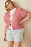 HY8419W Pink Womens Ribbed Knit Bow Detail Short Sleeve Open Top Front