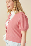 HY8419W Pink Womens Ribbed Knit Bow Detail Short Sleeve Open Top Side