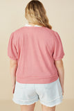 HY8419W Pink Womens Ribbed Knit Bow Detail Short Sleeve Open Top Back