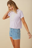 HY8434 Lavender Womens Pearl Ribbon Patch Knit T Shirt