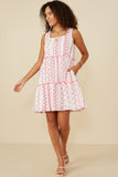 HY8718 Pink Womens Botanical Embroidered Ruffle Tiered Tank Dress Pose