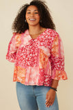 HY8719W PINK MIX Womens Print Blocked Cinch Sleeve Baby Doll Top Front