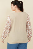 HY8765W Taupe Womens Mix Media Textured Floral Sleeve Top Back