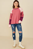 HY8769 Pink Mix  Womens Color Block Ribbed Knit Long Sleeve Top Pose