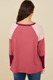 HY8769 Pink Mix  Womens Color Block Ribbed Knit Long Sleeve Top Back