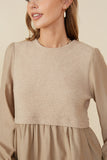 HY8777 Taupe Womens Mix Media Ribbed Knit Twofer Top Detail