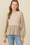 HY8777 Taupe Womens Mix Media Ribbed Knit Twofer Top Front